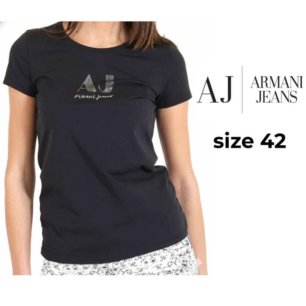 Armani Jeans Black Short-Sleeve Tee with AJ Crystal Logo